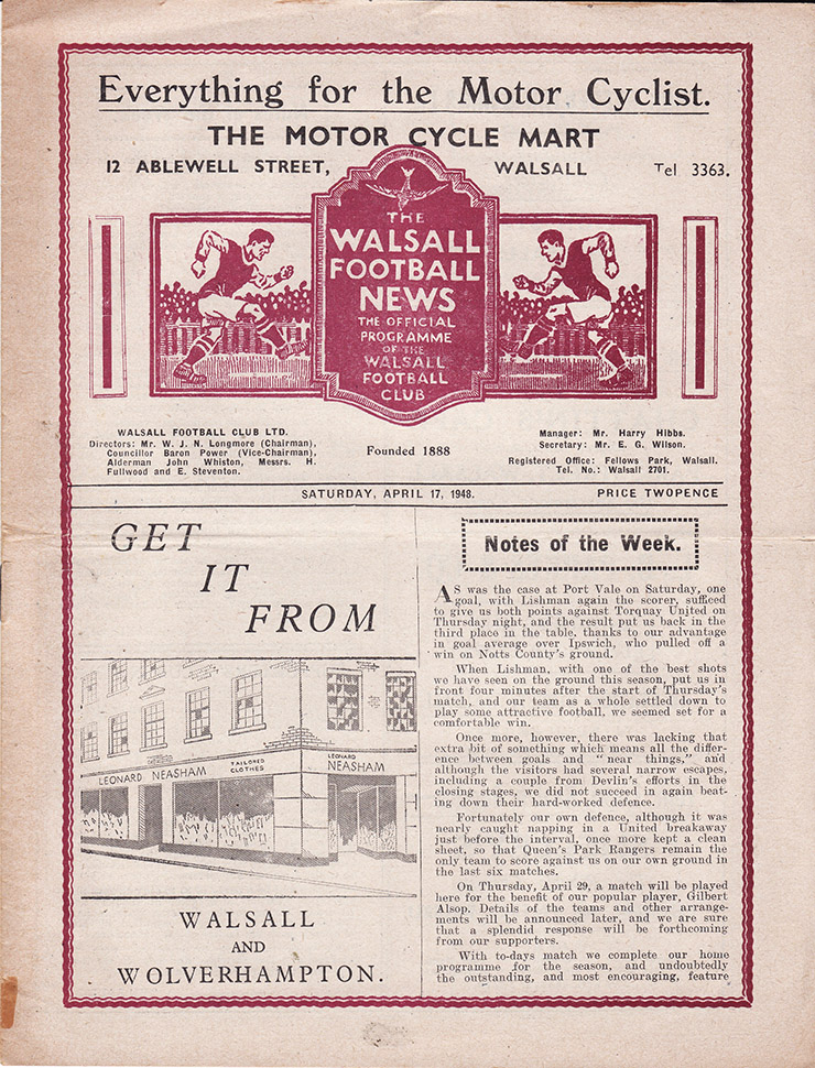 <b>Saturday, April 17, 1948</b><br />vs. Walsall (Away)